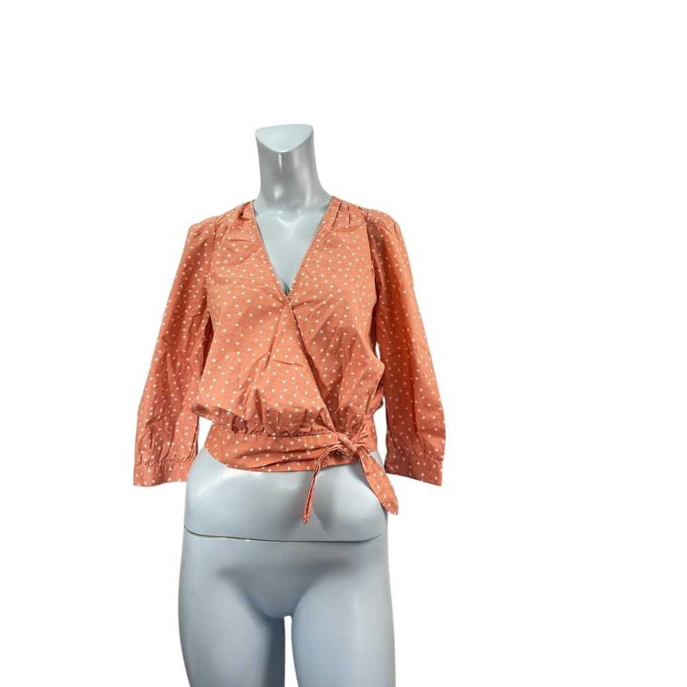 Madewell Women's XS Star Print Peach/ Pink 3/4 Sleeve Tie Waist Wrap Top‎ Preown